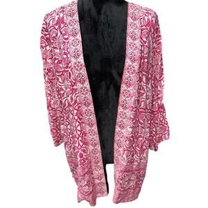 Susan Graver Women’s Top Kimono Open Front Pink White Lightweight Flowy Beach Lg